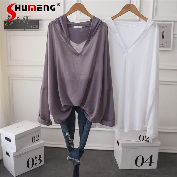 

women's t-shirt 2021 spring summer hooded long sleeve ice silk comfort long-t-shirt simple solid color sun protection lady basic tee, White