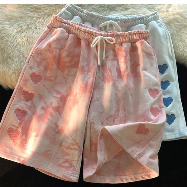 

casual tie dye heart embroidery women short high waist harajuku pant female summer loose bottoms plus size streetwear, White;black