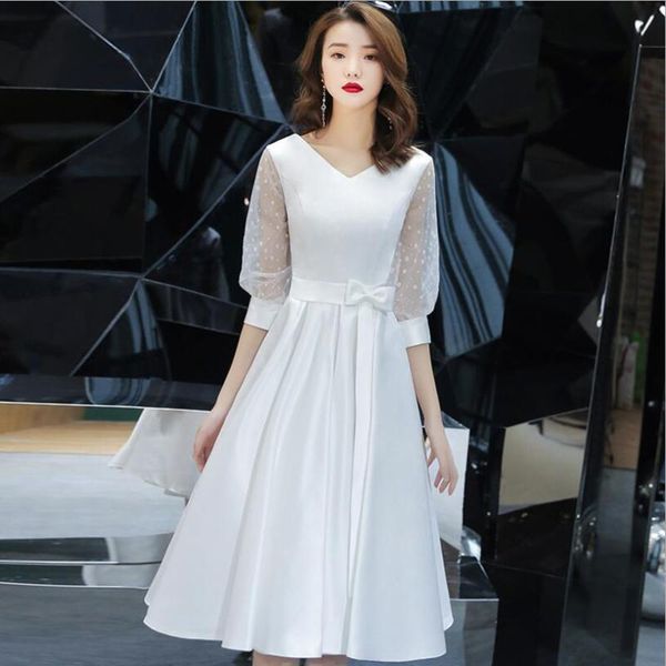 

bridesmaid dress long half sleeves v-neck simple bow design white black champagne a line satin party for wedding, White;pink