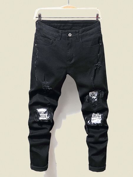 

men letter graphic ripped patched jeans t4me#, Blue