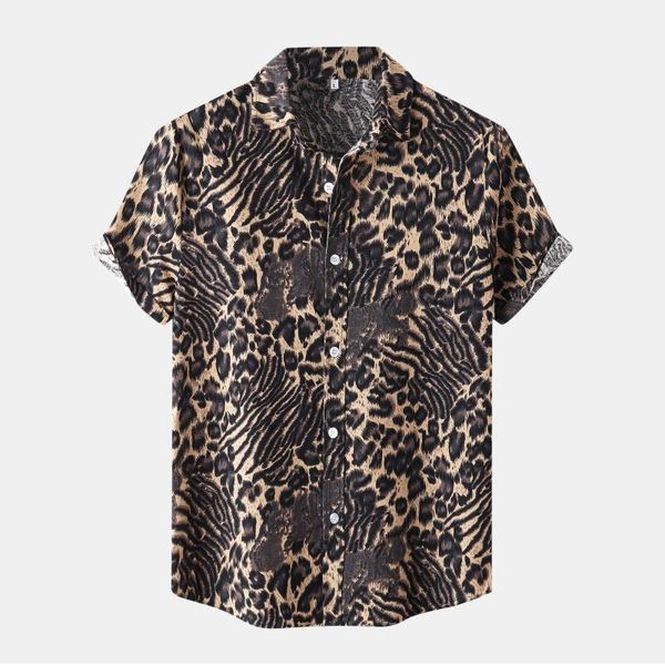 

men's casual shirts vintage clothes shirt fashion leopard print short sleeve turn-down collar vetement homme de marque, White;black