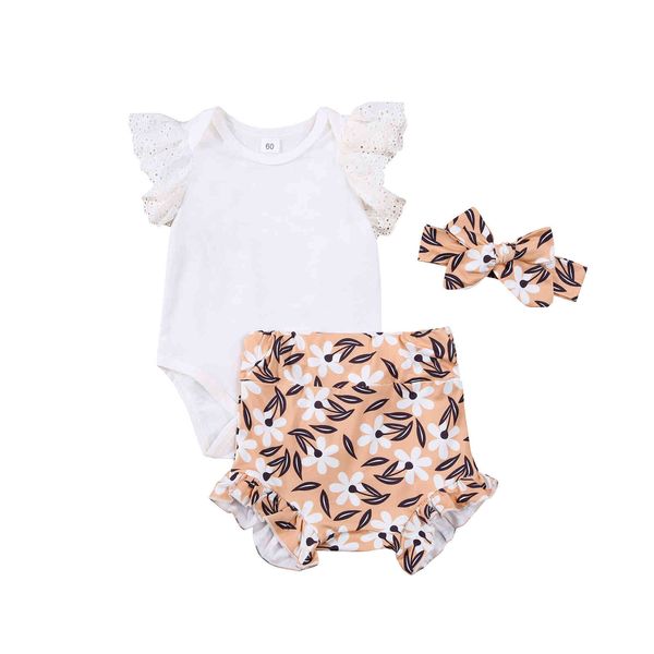 0-24 M Estate nato Neonata Vestiti Set Pizzo Pagliaccetto Increspature Pantaloncini Bloomers Abiti Costumi 210515