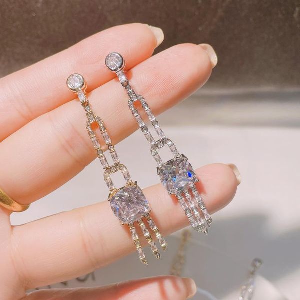 

dangle & chandelier hibride long tassel square shape drop earrings for women bridal wedding party boucle d'oreille femme e-1031, Silver