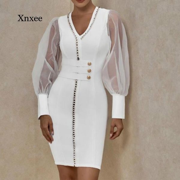 

casual dresses 2021 fashion bandage dress black long-sleeved party catwalk embellished mesh tight, Black;gray