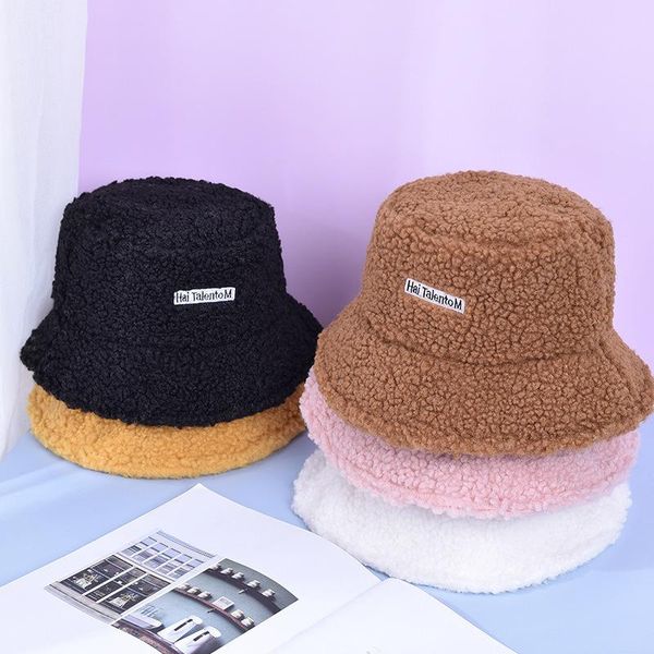 

wide brim hats 2021 fashion lamb wool fisherman hat autumn and winter ear protection warm plush female letter solid color kid cold, Blue;gray