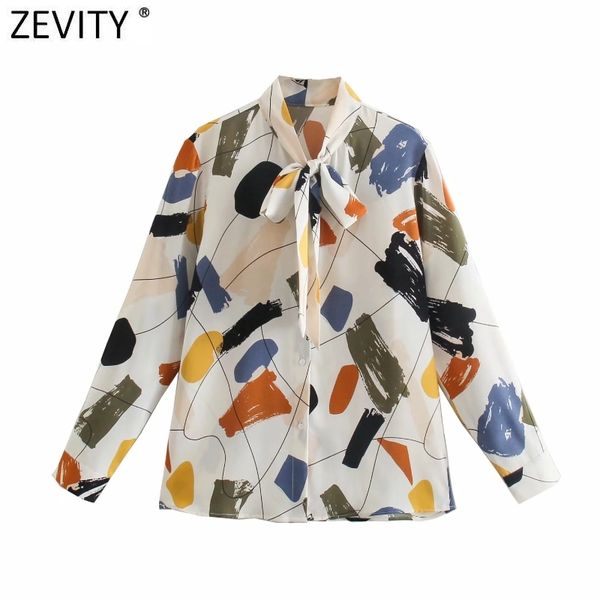 

zevity women elegant bow collar graffiti print breasted shirts office ladies casual slim blouse roupas chic chemise ls9111 210419, White