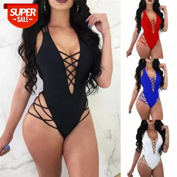 

backless swimwear women deep v bandage swimsuit solid one piece female bathing suit monokini beachwear #1s7m, White;black