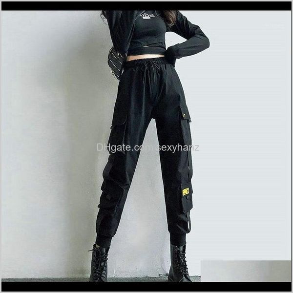

capris womens cargo pants black ribbon pocket jogger elastic waist high streetwear harajuku pant punk females trousers harem pants1 vf 85uqy, Black;white