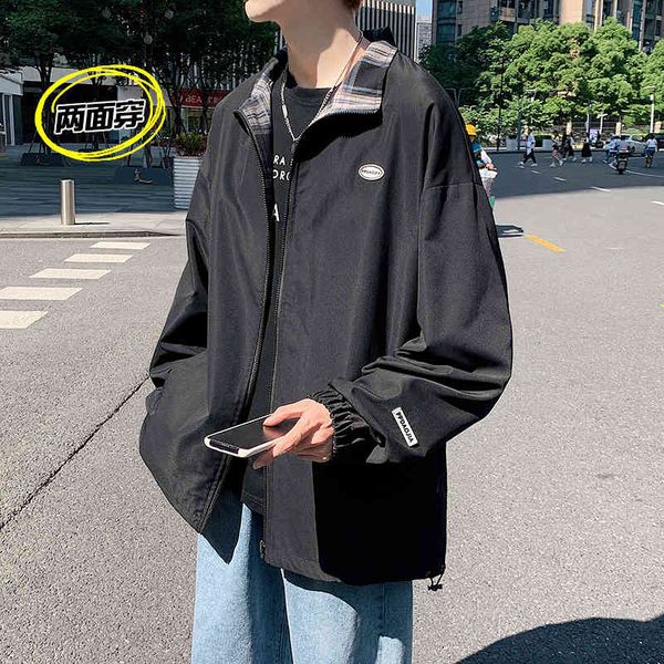 

men's jackets chess and solid color reversible jacket for korean-style male streetwear teen loosen oversized men's clothing 4i35, Black;brown