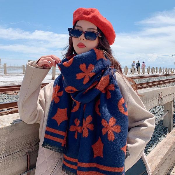 

scarves flower scarf women autumn and winter korean version of the wild student thickened warm muffler shawl dual-use, Blue;gray