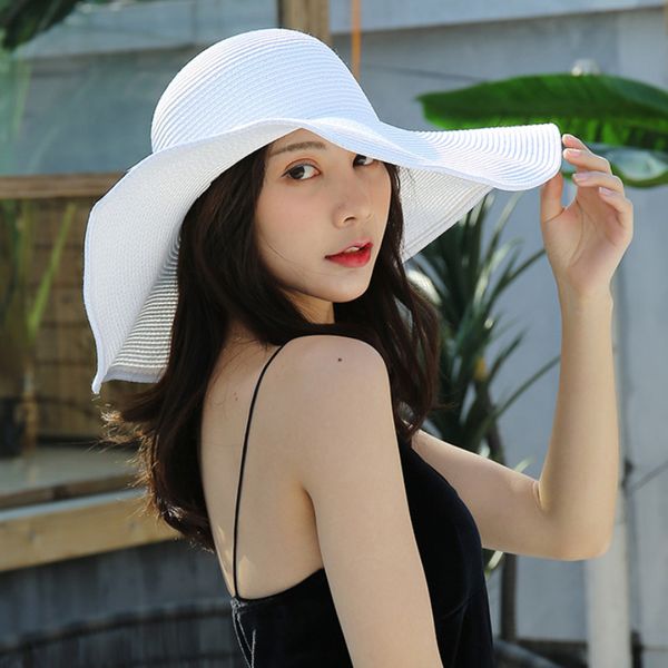 HT3062 Fashion Big Big Wide Brim Cappello Solido Pianura Pianura Floppy Beach Sole Cappello Pacchettibile Estate Cappelli per Le Donne Lady Straw Hat Beach Cap 220301