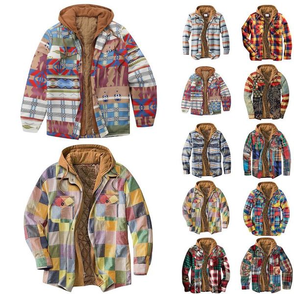 

men's jackets autumn winter fashion vintage printed with hood button up long sleeve thick wram coat veste homme, Black;brown