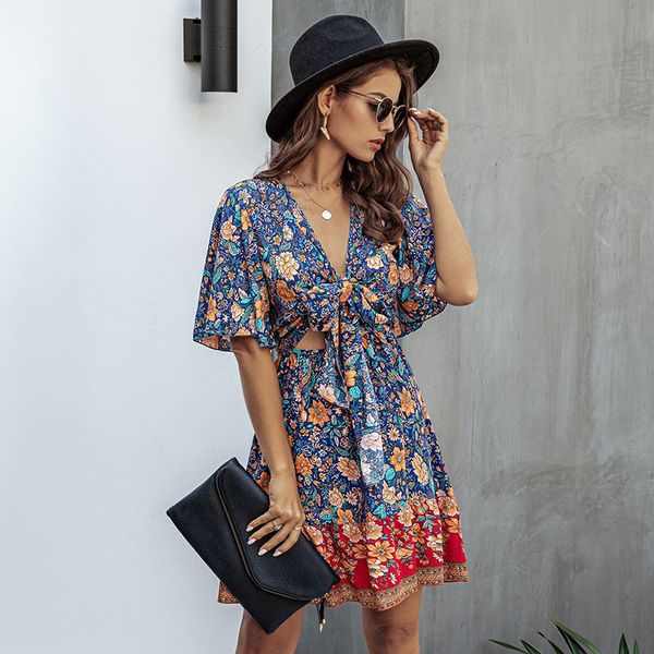 

summer vacation style ladies floral print dress women new v neck half sleeve high waist knee-length beach dress 210414, Black;gray