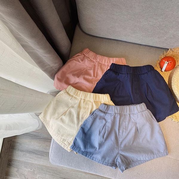 

children's cotton and linen shorts summer 2021 kids boys' girls' solid color casual pants korean baby short, Black