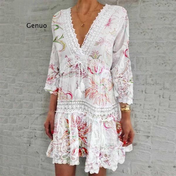 

casual dresses women dress fashion v-shelf seven-point sleeve hollow bohemian style skirt loose printing, Black;gray