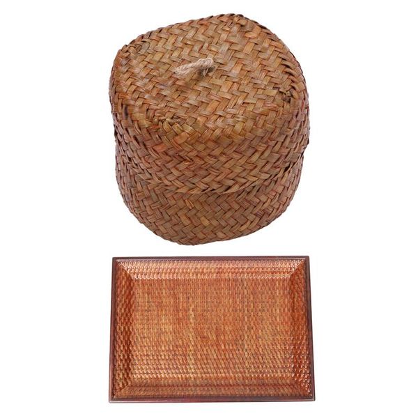 

big deal 1 pcs seaweed snack storage box with lid - (yellow ) & rattan dinner plate dessert serving tray kitchen organization