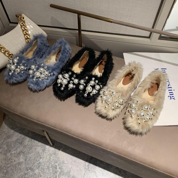 

female shoes ladies' slippers winter footwear fur flip flops string bead luxury slides 2021 soft plush flat designer basic, Black