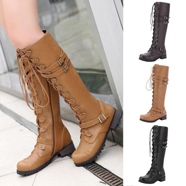

boots telotuny women lace-up 2021 fashion steampunk gothic vintage shoes retro punk buckle military combat botas femininas, Black