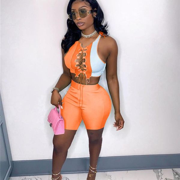 

women's tracksuits hirigin summer outfits patchwork two piece set bandage crop biker shorts for women vacation night clubwear match, Gray