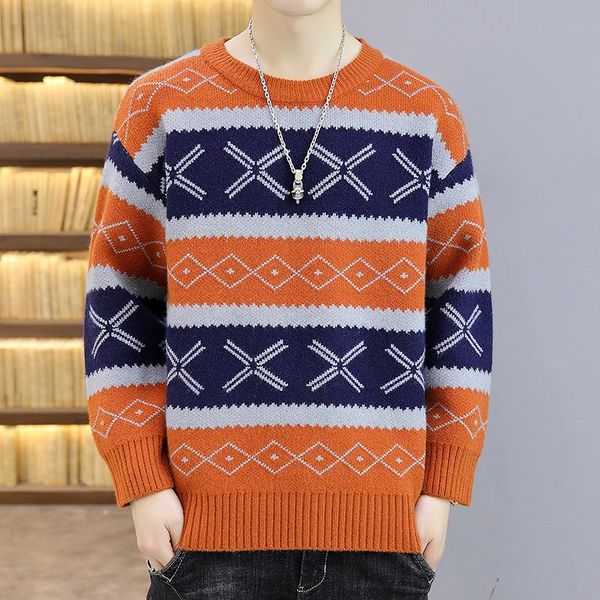 

men's sweaters 2022 autumn and winter striped brocade sweater youth round neck pullover fashion handsome suit, White;black