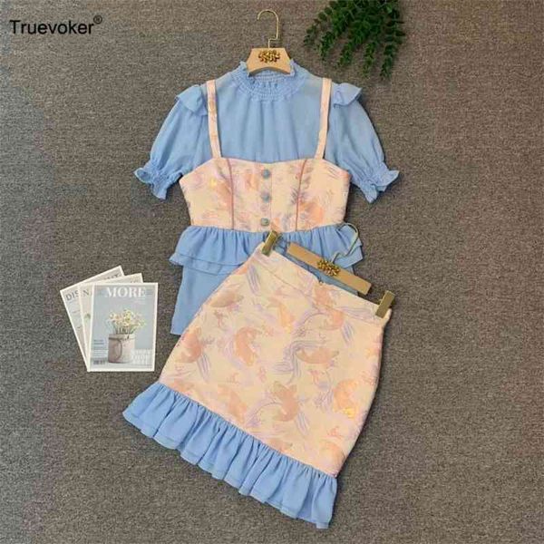 

truevoker summer runway fashion skirt set lady short sleeve blue + embossed mermaid prom two piece suit 210602, White