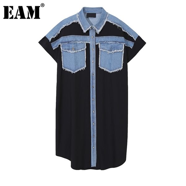 

[eam] women black denim burr big size shirt dress lapel short sleeve loose fit fashion spring summer 1dd5934 210512, Black;gray