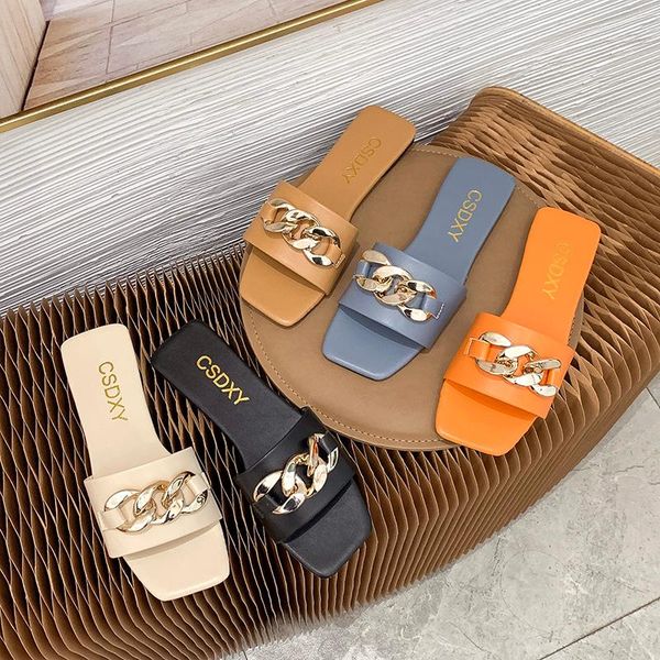 

slippers 2021 sandals beach cute temperament women summer slipper square toe chain flat slide flip flops ladies big size 42 woman shoes, Black