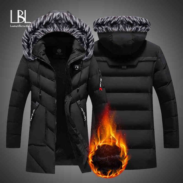 

winter long parkas men cotton padded brand clothing fashion casual slim thick warm mens coats fur hooded overcoats male cloth, Black