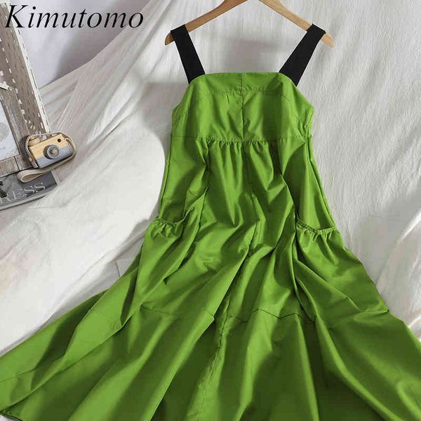 

kimutomo contrasting suspender dress women back tie bow clothing ladies green slim wild ruffled vestido summer 210521, Black;gray