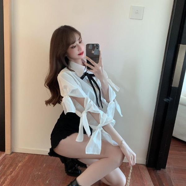 

women's blouses & shirts gruiiceen elegant hollow out long sleeve blouse women shirt with bow tie fashion white summer