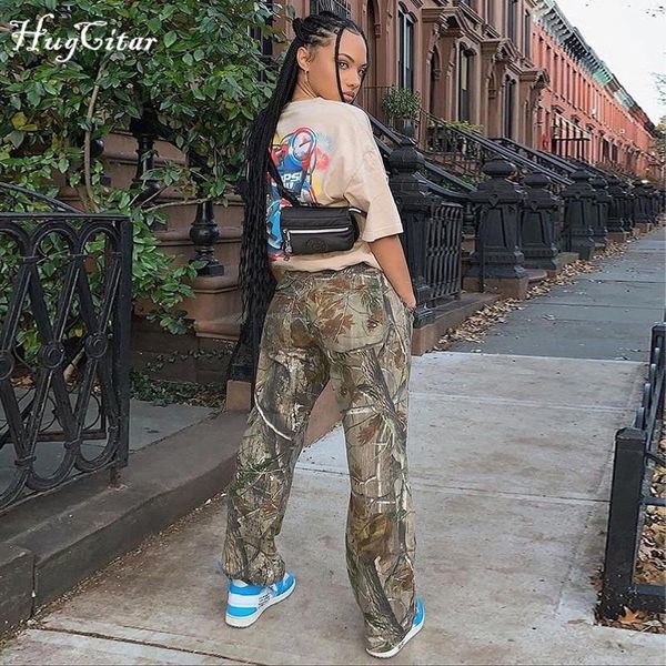 

hugcitar 2021 high waist pocket leaf print cargo pants autumn winter women fashion streetwear casual trousers women's & capris, Black;white