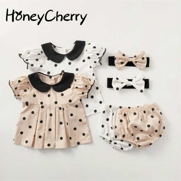 

summer baby girl set dot short sleeve + shorts+ hair belt three piece for girl 210702, White