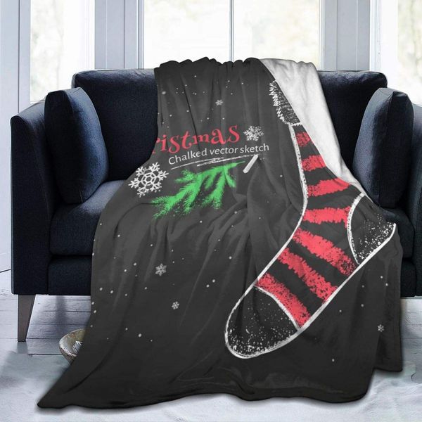 

blanket flannel fleece blanket color red and white chalk drawing of striped christmas sock on black lightweight super soft cozy