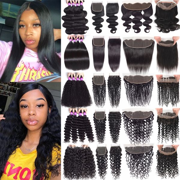 

brazilian human hair bundles with closure remy virgin hair deep wave curly bundles with lace frontal human hair weave with 360 lace frontal, Black;brown