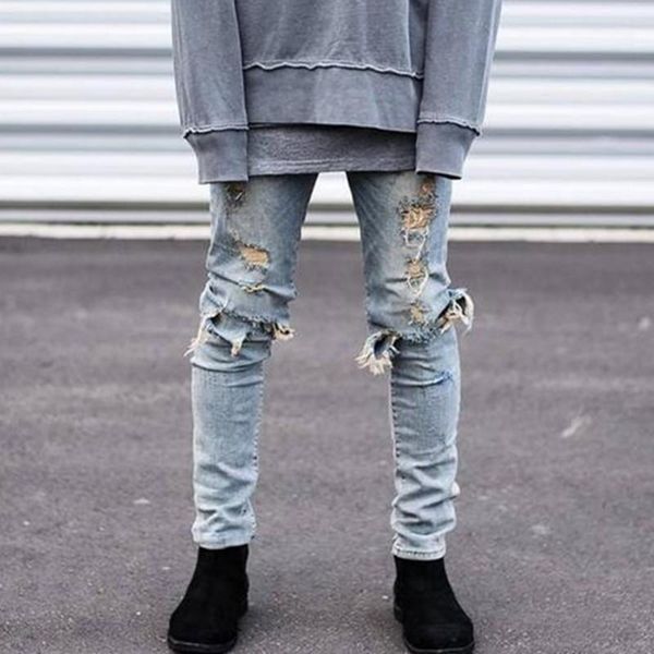 

men's jeans men's wholesale- ripped knife valgus knee destroyed large hole stretch slim skinny hip-hop fashion men jeans1, Blue
