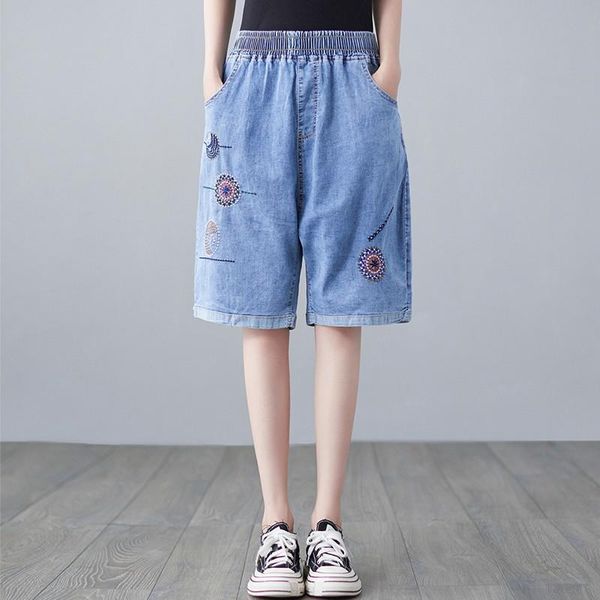

women's jeans women summer loose casual 2021 simple style vintage floral embroidery thin denim female knee length pants b521, Blue