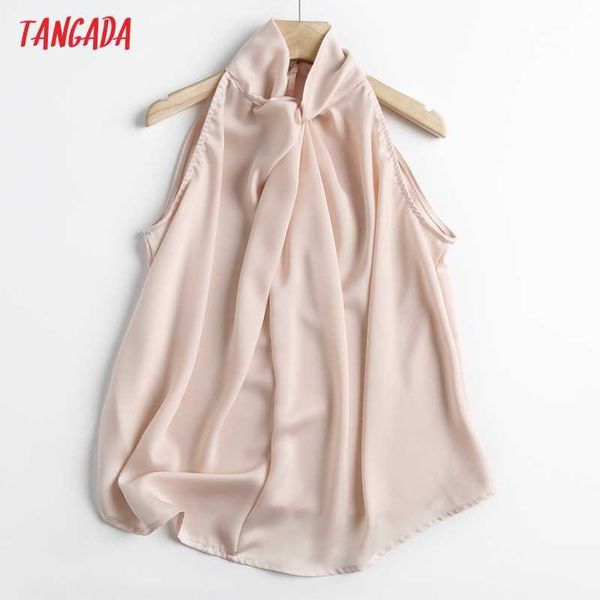 Tangada Women Retro Solid Pink Halter Shirt Camicetta estiva Bow senza maniche Chic Top femminile 5S17 210609