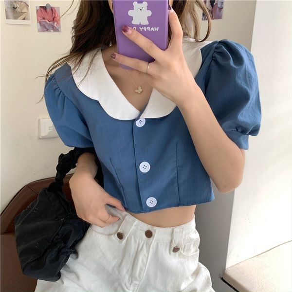 

neploe women blouses peter pan collar sweet puff sleeve crop summer blusas mujer korean fashion blouse shirt 210422, White