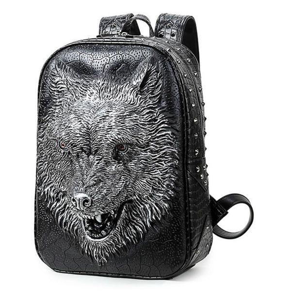 

backpack pu leather punk men's lapbag women 3d wolf head personalized backpacks