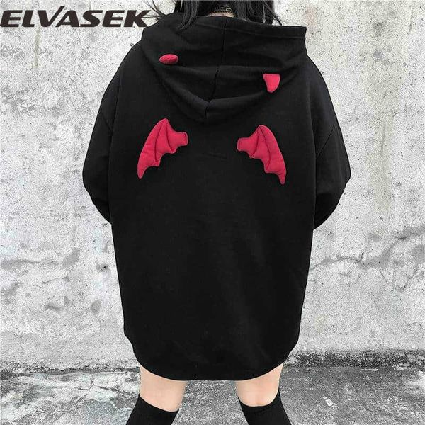 

spring autumn women sweatshirts high street harajuku cute hoodies punk gothic devil horn chic hooded pullover loose sweat ca6865 210927, Black