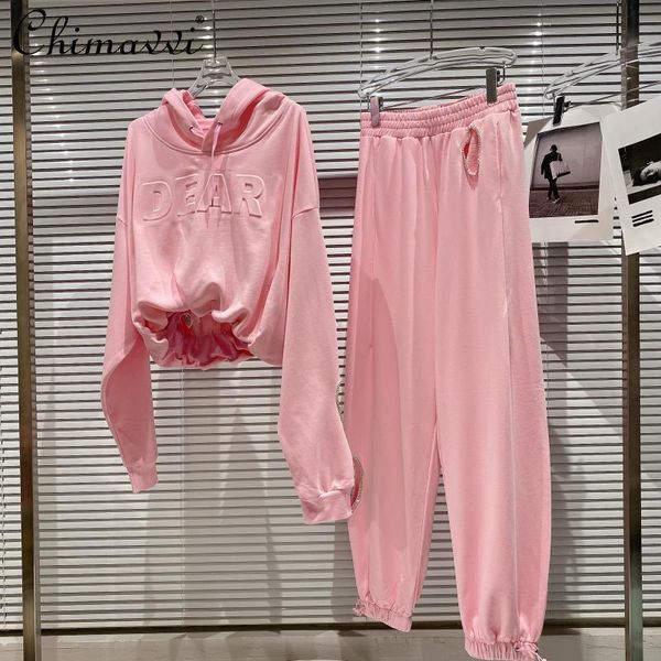 

spring 3d letters heart shape rhinestone hollow hoodie loose sweatpants casual two piece sport suit outfits students women's pants, White