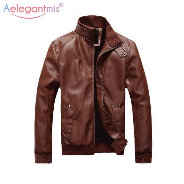 AELEGANTMIS Marca Clássica PU Jaqueta de Couro Homens Casual Motociclista Motociclista Motorismo Negro Outono Inverno Mens Outerwear Plus Tamanho 210607