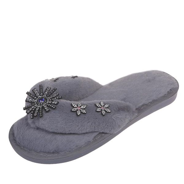 

slippers 2021 autumn winter furry crystal women flip flops fashion chic home floor indoor slides female calzado mujer, Black