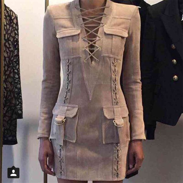 

sale est stylish barocco unique runway dress women's long sleeve deep v lacing vintage faux suede 210521, Black;gray
