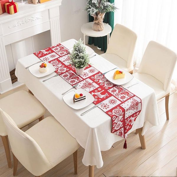

table cloth christmas red white knitted runner with tassels cartoon tree snowflake elk pattern tablecloth holiday party decor