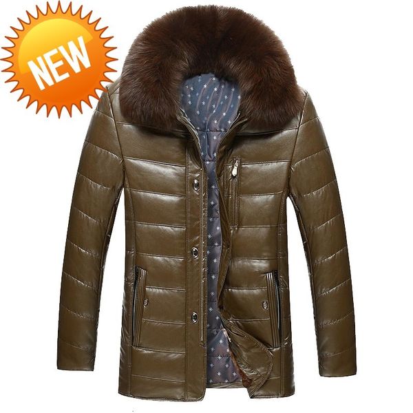 

new winter pu down jacket coat for men business large fur collar lapel zipper pocket wear thick cotton kleding, Black