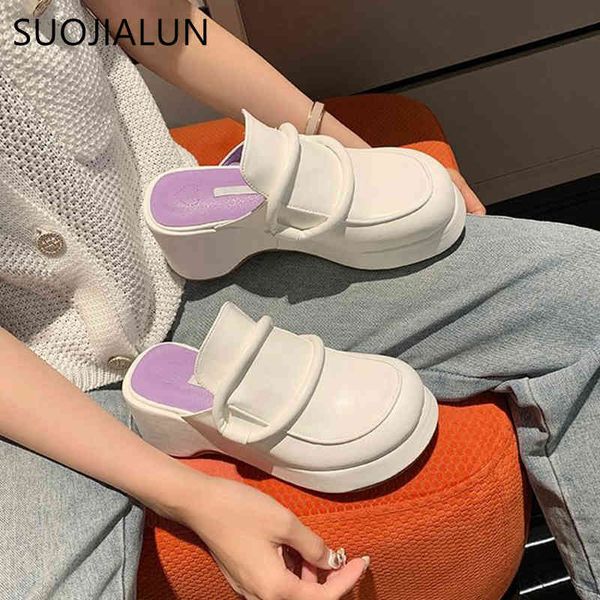 

suojialun 2021 new brand women mules round high wedges heel slipper shoes slip on round causal platform shoes ladies sandal slid k78, Black