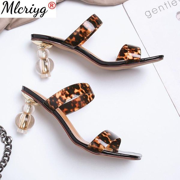 

leopard print women slippers concise colour mixture square toe strange heels slipper summer outside shoes, Black