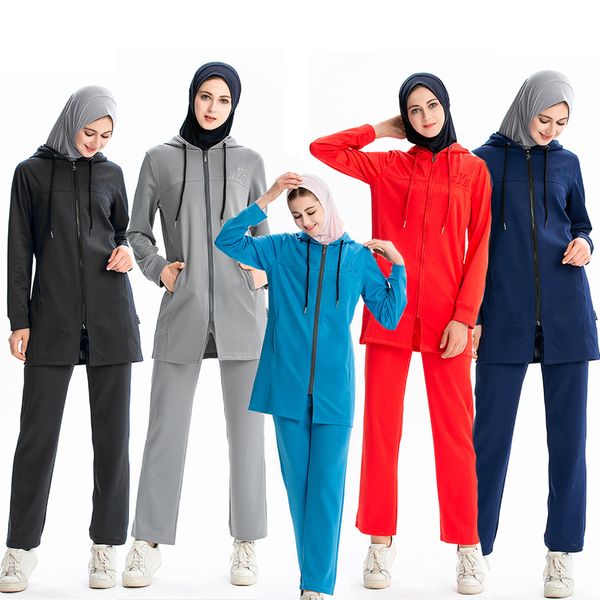

2 piece set arab muslim hoodies long pant sweat suits women jogging sports trasuit hooded sweatshirt outfits ensembles, Red