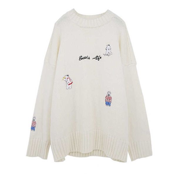 

perhaps u women white sweater cartoon letter embroidery o neck knitted pullovers long sleeve winter autumn casual m0159 210529